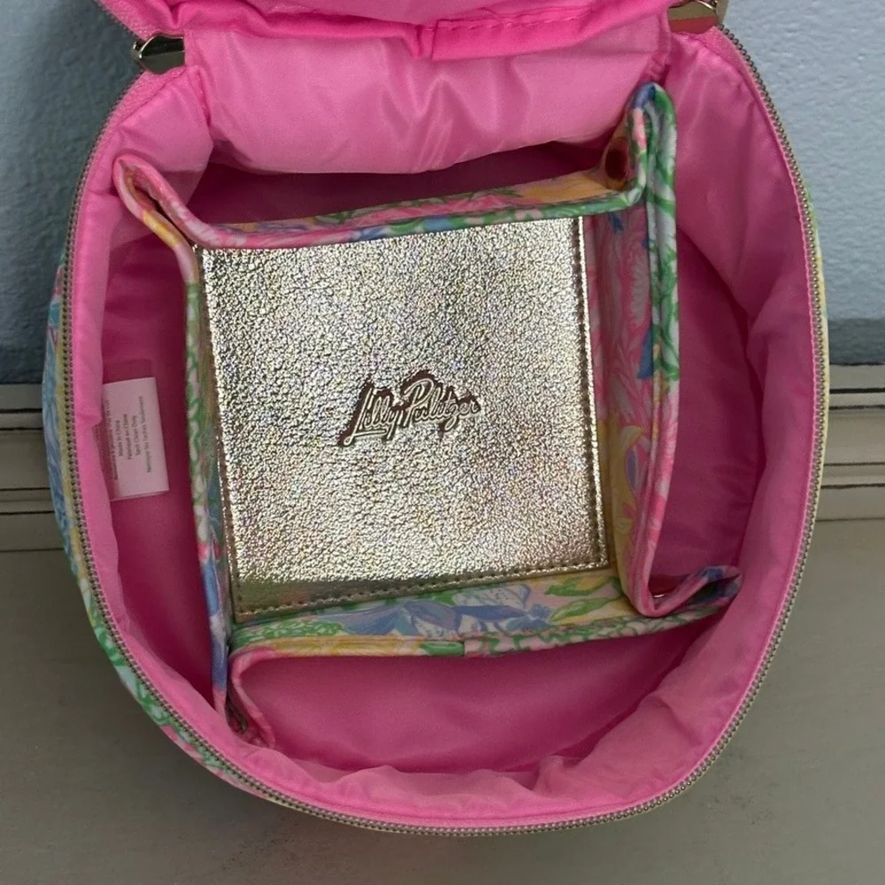 Lilly Pulitzer Travel Makeup Organizer Floral Pink Round Train Case Bag Pink